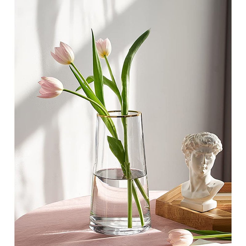 FUNSOBA Moden Trapezoid Glass Vase with Gold Mouth for Centerpieces Home Wedding Decoration (1, Small 4.7" x 8.7") - Image 5